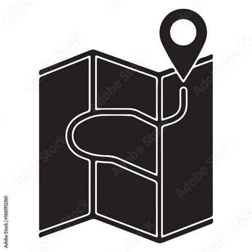Black and white travel map with location pointer illustration representing navigation and finding destinations for adventures road trips and vacations planning