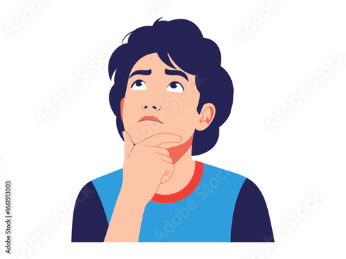 The Pensive Question: A young person, lost in thought, gazes upward with a contemplative expression, their hand gently resting on their chin.