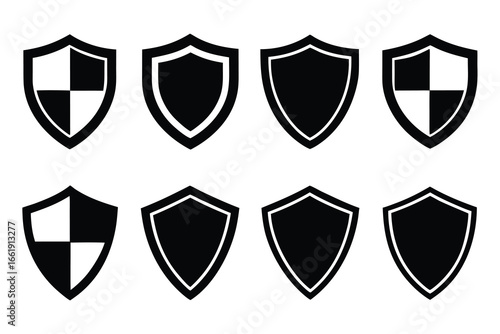 Eight Black Shield Icons Protection Symbols, Security Badges, Guarding Elements, Isolated on White