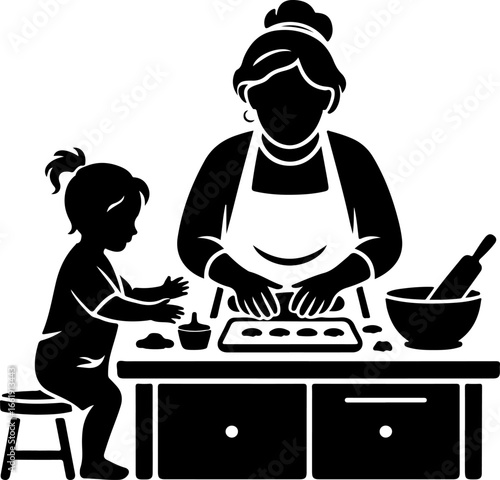 A warm and cozy silhouette of a grandmother baking with her grandchild at a kitchen counter or table