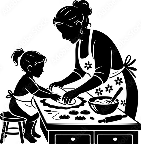 A warm and cozy silhouette of a grandmother baking with her grandchild at a kitchen counter or table