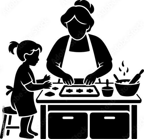 A warm and cozy silhouette of a grandmother baking with her grandchild at a kitchen counter or table