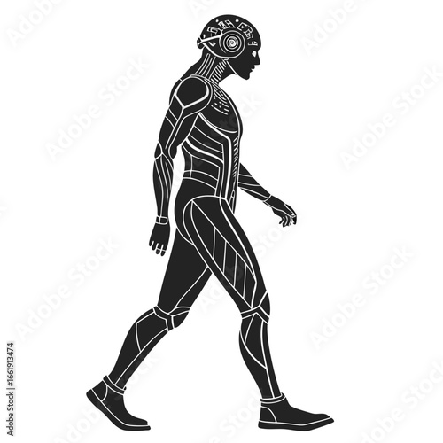 Realistic silhouette of a humanoid AI robot with visible neural circuits, black fill, white background, single figure, realistic style, Vector