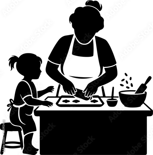 A warm and cozy silhouette of a grandmother baking with her grandchild at a kitchen counter or table