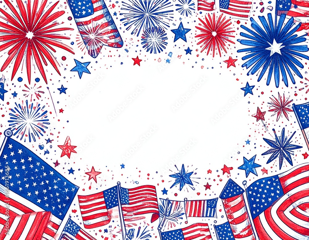 Obraz premium Patriotic frame with American flags, fireworks, and stars; hand-drawn illustration in red, white, and blue; flat lay style on white background; celebratory mood.