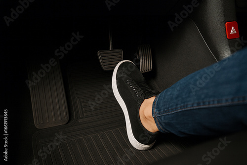 Close-up of a foot in a black sneaker pressing a car pedal in the footwell. Dark vehicle interior, minimal scene with copy space—concept of driving control, braking acceleration and road safety.