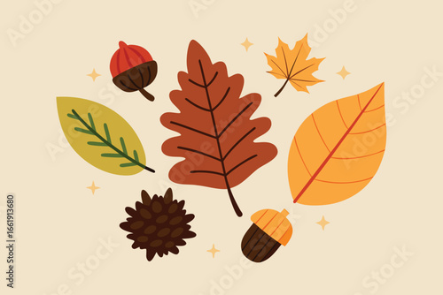 Fall Leaves and Acorns Illustration with Earth Tones on Light Background
