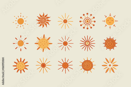 Fifteen HandDrawn Sun Icons and Design Elements with Orange and Yellow Colors, Flat Style