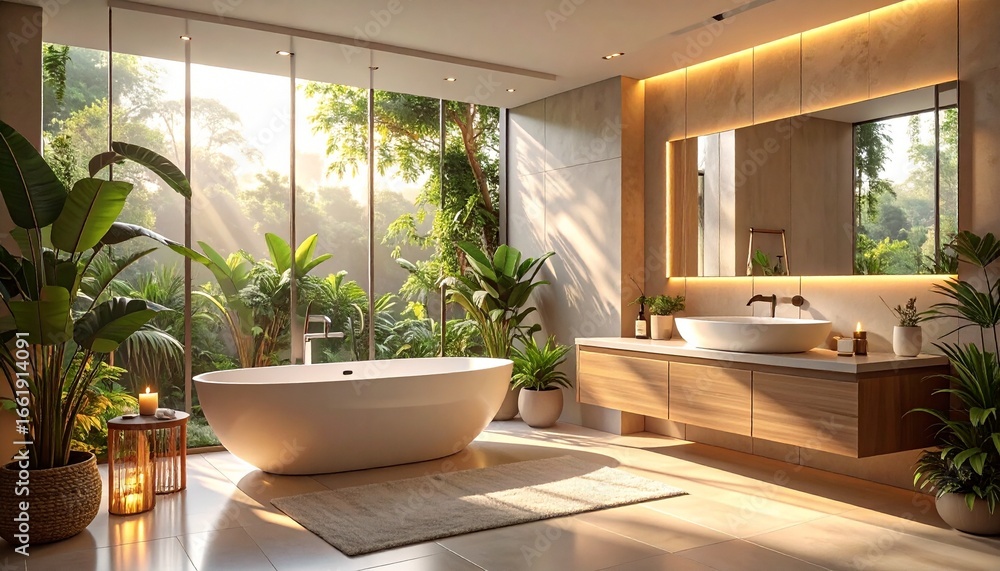 Fototapeta premium Contemporary Bathroom Oasis Serene Interior with Bathtub, Plants, and Natural Light