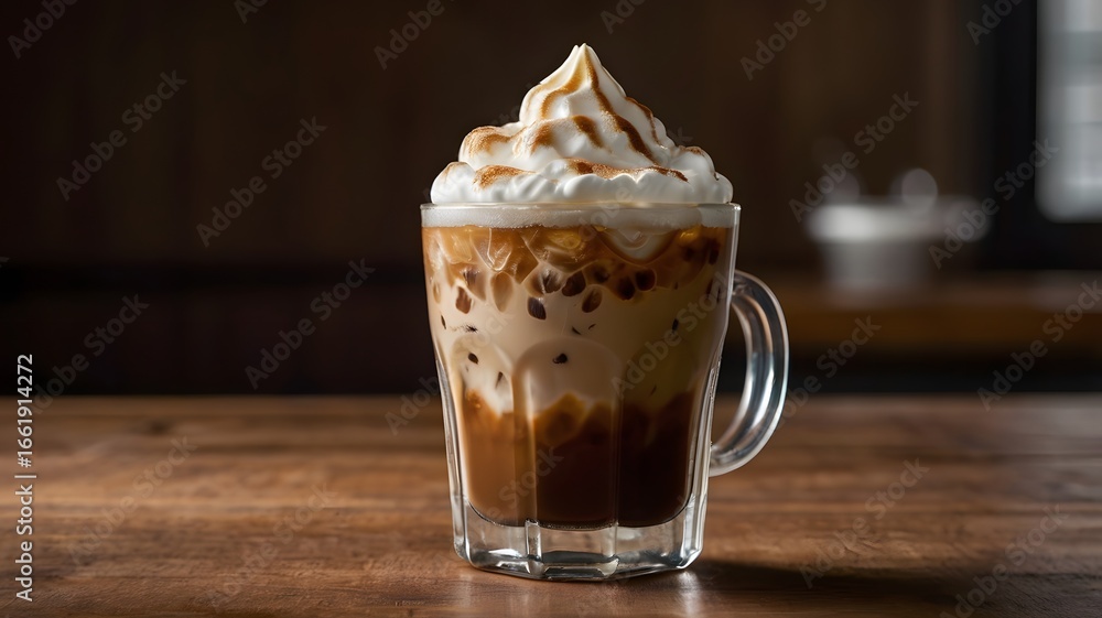 Refreshing Iced Coffee with Whipped Cream on Wood Refreshing Iced Coffee with Whipped Cream on Wood