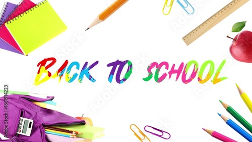 Back to school animation on white background with school supplies