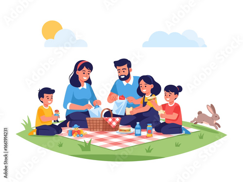 Family Picnic: A family enjoys a delightful picnic on a sunny day, surrounded by the warmth of togetherness, sharing smiles and creating cherished memories.