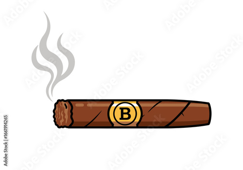 Cartoon cigar with smoke and a gold band featuring the letter B