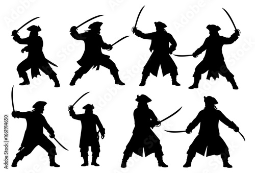 Silhouetted Pirates with Swords in Dynamic Poses Ready for Battle