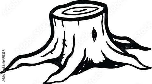 Isolated Black and White Illustration of a Tree Stump with Visible Rings