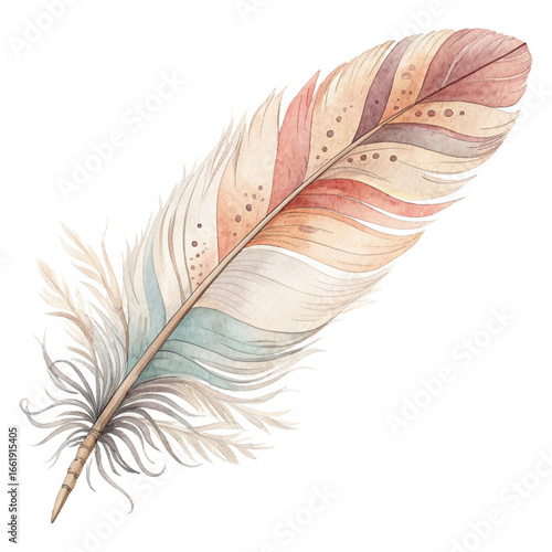 Hand-painted watercolor feather on transparent background for bohemian invitations, wedding stationery, artistic posters and decorative projects