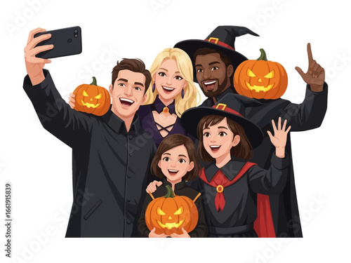 Spooky Selfie with a Witchy Family: A lively group in festive costumes, illuminated by the glow of jack-o'-lanterns, enthusiastically captures a spirited self-portrait.