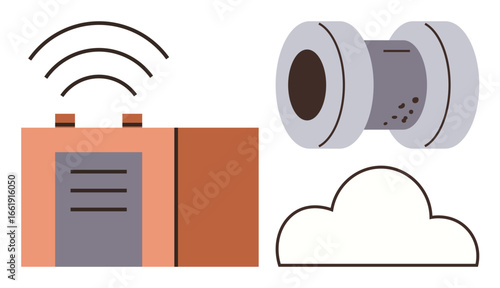 Radio transmitter with signal waves, data spool, and cloud shape representing connectivity, data sharing, and digital systems. Ideal for technology, innovation, cloud computing, information sharing