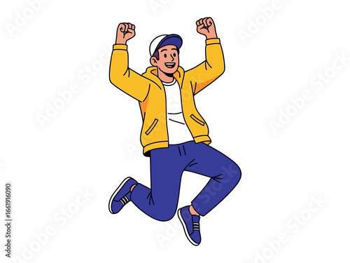 Joyful Leap: A young man in a cap and yellow jacket leaps for joy, his posture exudes energy, excitement, and optimism. A vibrant depiction of human happiness and freedom.