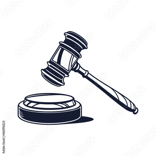 Dark blue gavel striking a sound block in a stylized illustration vector