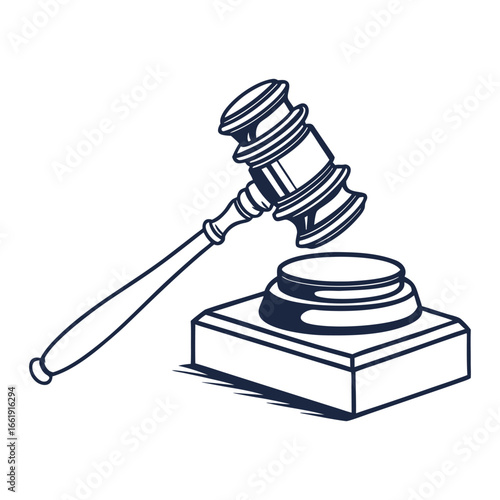 Dark blue outline gavel striking a sound block on white background judge justice