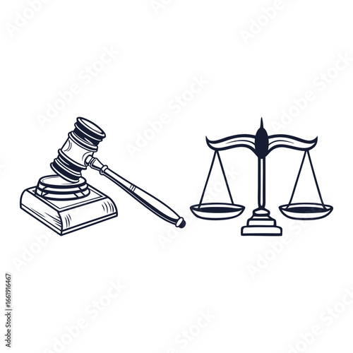 Gavel on book and scales of justice drawing on white background legal court