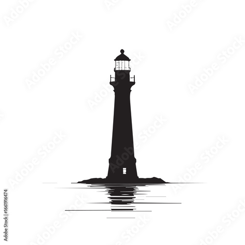 Vector art of lighthouse on a rocky outcrop in the sea, isolated on white background