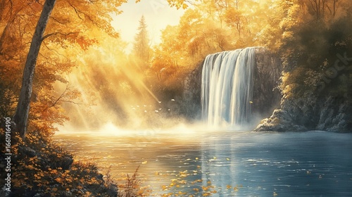 A watercolor background featuring a waterfall, paired with a landscape of the same, in a painted style, suitable as a nature wallpaper on canvas