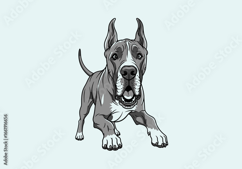 Black and white illustration of a playful dog with cropped ears, looking directly at the viewer.