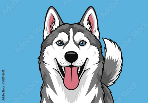 Cartoon illustration of a smiling husky dog with blue eyes and gray and white fur.