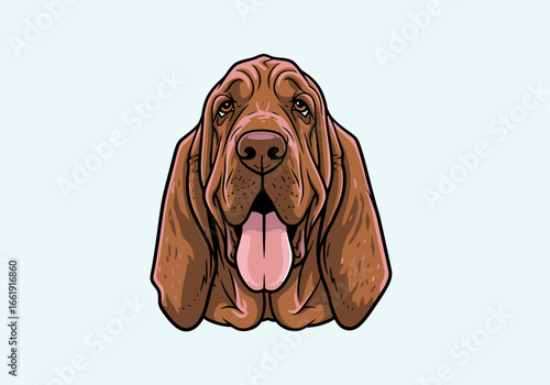 Illustration of a brown bloodhound dog with droopy ears and a long tongue.
