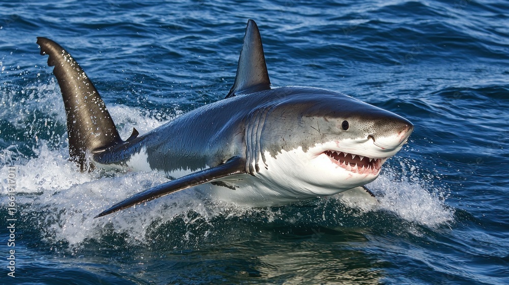 Obraz premium A great white shark with a white and gray coloration, swimming in the ocean with its mouth open and teeth visible.