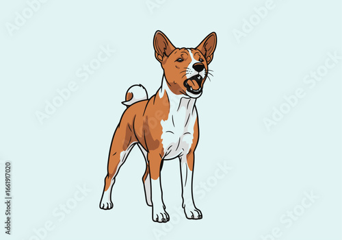 A detailed illustration of a Basenji dog with a distinctive coat, barking with its mouth open.