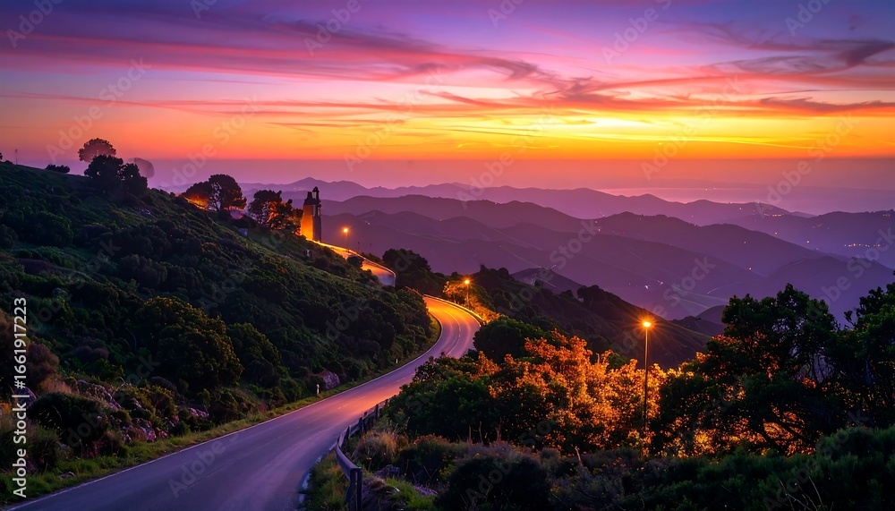Obraz premium Winding Road Through Hills at Colorful Sunset Landscape