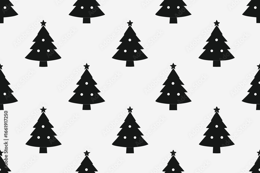 Obraz premium Seamless Pattern of Stylized Black Christmas Trees with Stars and Ornaments on Light Background