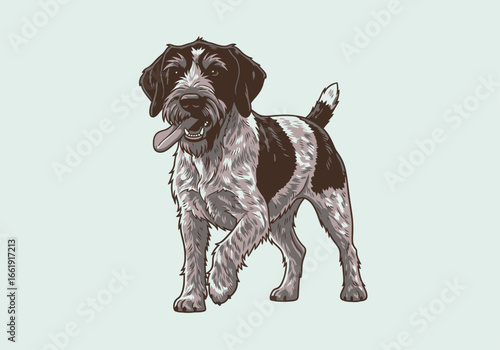 A detailed illustration of a happy, panting dog with brown and white fur, standing on a light blue background.