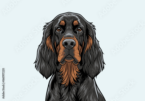 Detailed illustration of a Gordon Setter dog's head, featuring its distinctive black and tan coat and expressive eyes.