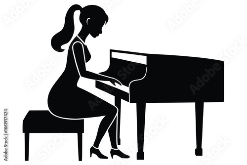 Silhouette of a Woman Playing the Piano in a Black and White Illustration