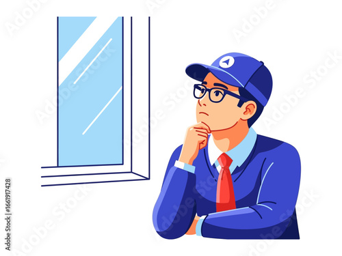 Contemplative Glance: An illustration of a focused individual gazes thoughtfully towards a window, lost in contemplation or decision-making. 