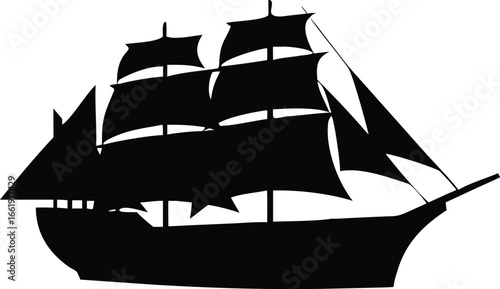 Silhouette of a Traditional Sailing Ship with Multiple Sails on a White Background