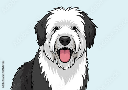 A close-up portrait of a fluffy Old English Sheepdog with its tongue out, looking happy and friendly.