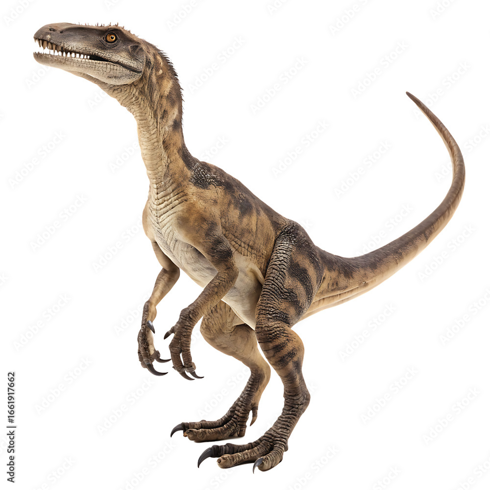 Fototapeta premium The feathered Deinonychus raptor dinosaur with terrible claw isolated on a transparent background png