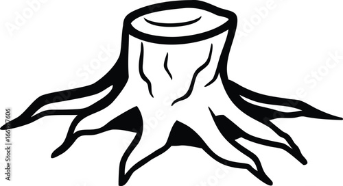 Simple Black and White Illustration of a Tree Stump with Roots Isolated