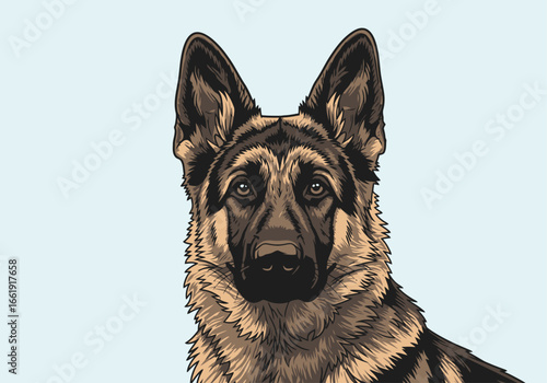 Detailed vector illustration of a German Shepherd dog's head and upper body.