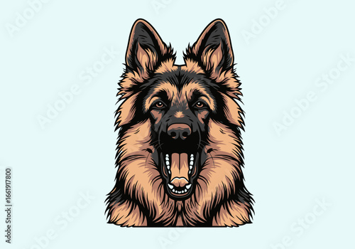 Detailed vector illustration of a German Shepherd dog's head with an open mouth, showing teeth and fur texture.