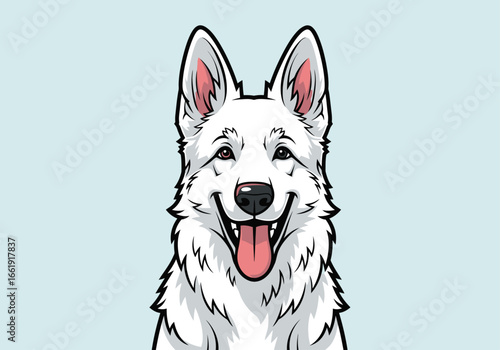 Close-up portrait of a happy white Swiss Shepherd dog.