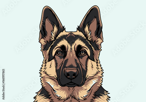 Detailed illustration of a German Shepherd dog's head, front view, with characteristic black and tan fur.