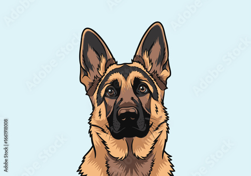 Close-up illustration of a German Shepherd dog's head.