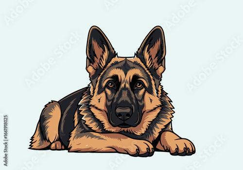A detailed illustration of a German Shepherd dog lying down with its ears perked up and looking attentively at the viewer.