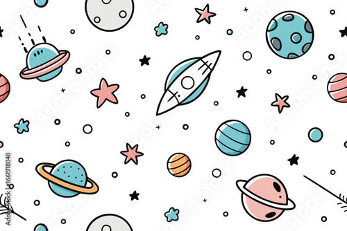 Space Themed Seamless Pattern with Planets, Rockets, and Stars on White Background for Kids